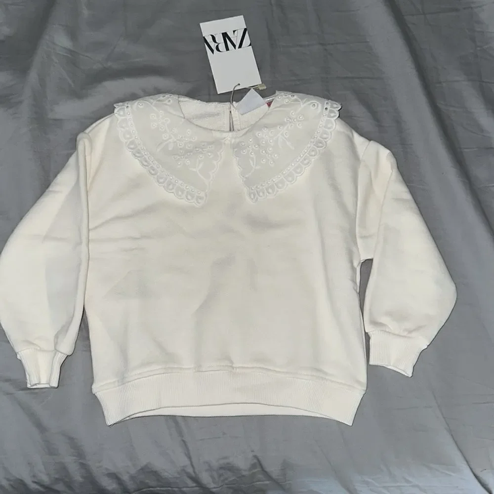 ZARA Girls Ecru Embroidered Collar Sweatshirt NWT Size 5T